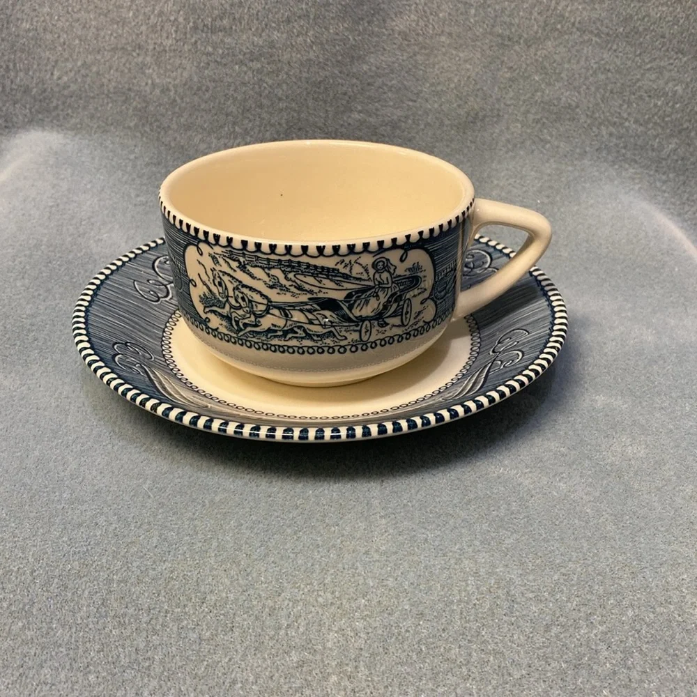 Blue CURRIER AND IVES BLUE CHINA COFFEE CUP AND SAUCER
